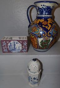 3 pieces of hand painted pottery, Delft CW Muffineer