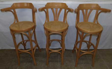 3 elm wood and cane seat bar stools
