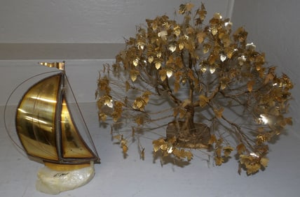 brass tree and mid century modern brass and marble base sailboat model signed by artist