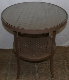 painted metal and glass top round table