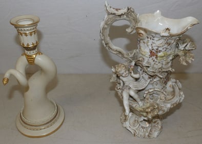 painted porcelain ewer and porcelain candlestick