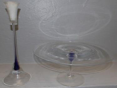 art glass cake stand and candlestick