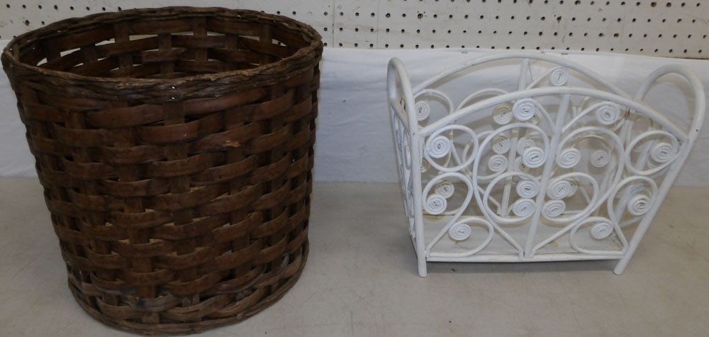wicker magazine stand and basket: wicker magazine stand and basket. Up to 13" H "ALL DESCRIPTIONS AND ANY CONDITION STATEMENT GIVEN BY LANGSTON AUCTION GALLERY ARE STRICTLY OPINIONS AND LANGSTON'S SHALL HAVE NO RESPONSIBILITY FOR ERRO