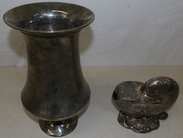silver plated vase and silver plated shell dish