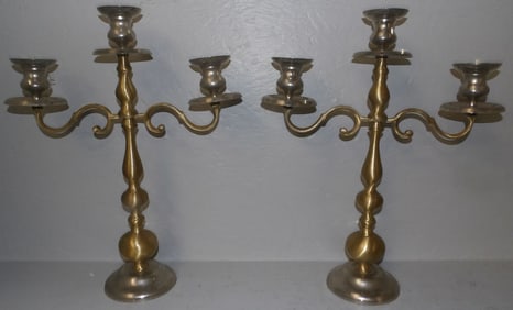 pair of 3 light brass candelabras