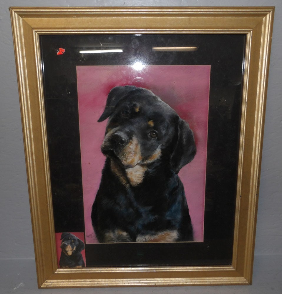 pastel portrait of Rottweiler signed by artist: pastel portrait of Rottweiler signed by artist. 19 1/2" x 23 1/2" "ALL DESCRIPTIONS AND ANY CONDITION STATEMENT GIVEN BY LANGSTON AUCTION GALLERY ARE STRICTLY OPINIONS AND LANGSTON'S SHALL HAVE NO RES