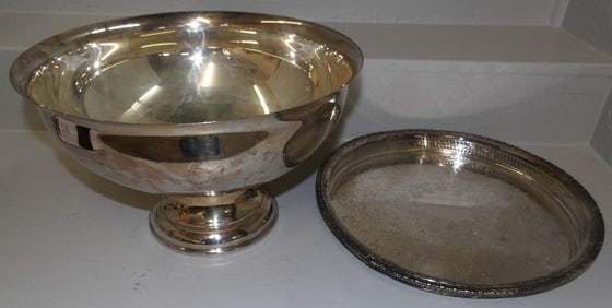 silver plated punch bowl and gallery tray