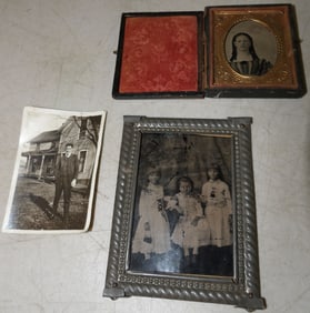 two antique tintypes and one vintage black and white photo