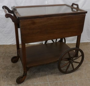 antique walnut tea cart with glass top tray