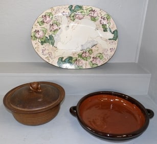 Lot of Pottery Casseroles & Painted Porcelain Tray