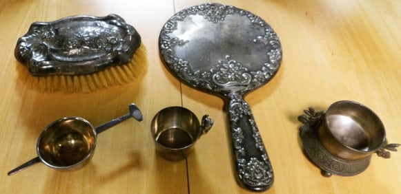 Vintage Napier/Denmark Jiggers, Art Nouveau Silver Plated Brush & Hand Mirror