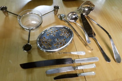 Lot of Sheffield Serving Pieces, Condiment Dish, & Mother of Pearl Handle Knives