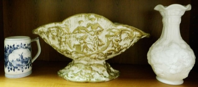 Delft Porcelain Mug, Imperial Grape & Cable Milk Glass Vase, & Portugal Gilded Footed Centerpiece