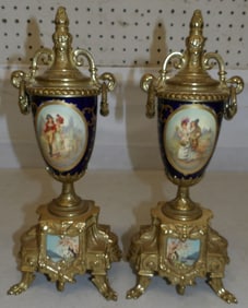 Pair of Gilded Metal & Hand Painted Porcelain French Urns