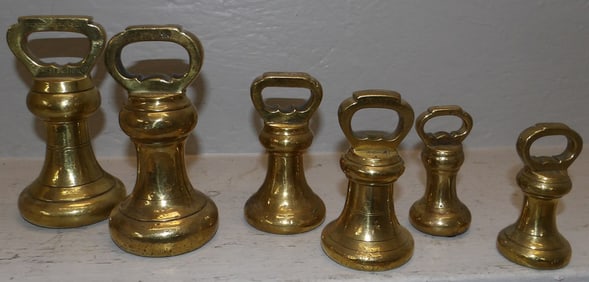 Set of Six Antique English Graduated Brass Weights