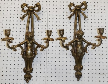 Pair of Gilded Metal Cherub Sconces
