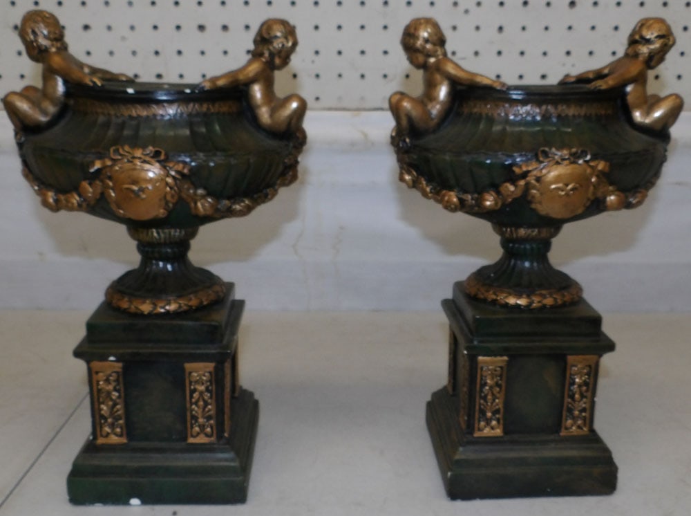 Pair of Painted Ceramic Cherub Urns (1 of 5)
