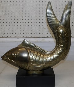 Large Brass Fish Sculpture on Wood Stand
