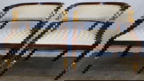 Pair of Carved Mahogany & Upholstered Egyptian Revival Style Chairs