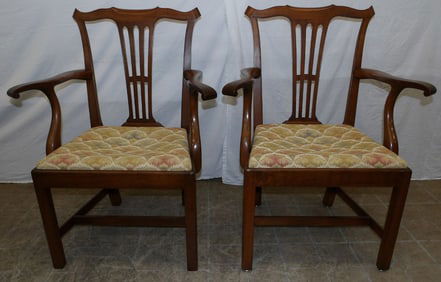Pair of Bench Made Walnut Pegged Chippendale Style Arm Chairs