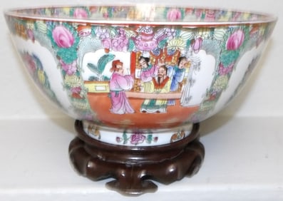 Rose Medallion Style Porcelain Bowl on Teakwood Stand