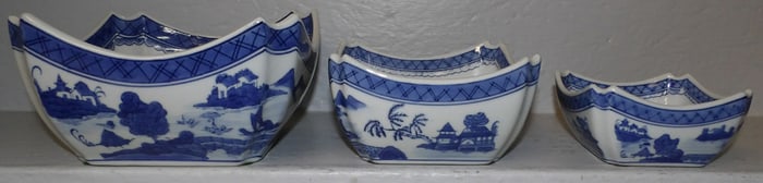 Set of Three Canton Style Blue & White Porcelain Bowls