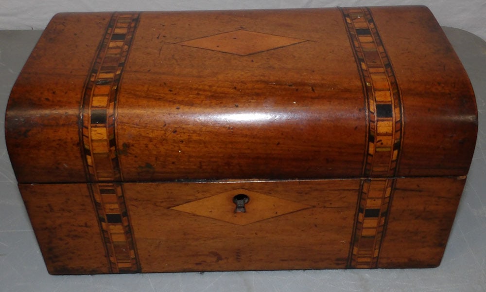 19th Century Mahogany Inlaid Tea Caddy: 19th Century Mahogany Inlaid Tea Caddy. 9" W 5" D 4 1/2" H "ALL DESCRIPTIONS AND ANY CONDITION STATEMENT GIVEN BY LANGSTON AUCTION GALLERY ARE STRICTLY OPINIONS AND LANGSTON'S SHALL HAVE NO RESPONSIBI