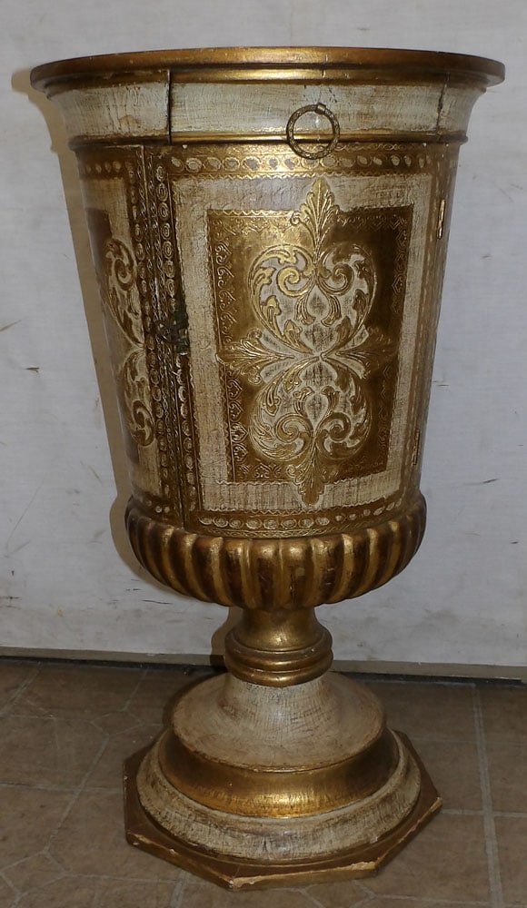 Gilded Wood Urn Form Stand with One Drawer & Door: Gilded Wood Urn Form Stand with One Drawer & Door. 17 1/4" Dia. 30 1/4" H "ALL DESCRIPTIONS AND ANY CONDITION STATEMENT GIVEN BY LANGSTON AUCTION GALLERY ARE STRICTLY OPINIONS AND LANGSTON'S SHALL HAV