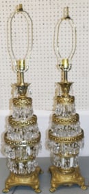 Pair of Gilded Metal & Glass Prism Three Light Lamps