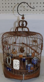 Oriental Rattan Carved Wood & Painted Porcelain Bird Cage with Bone Accents
