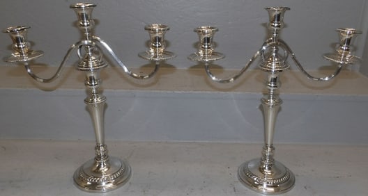 Pair of Sterling Weighted Three Light Candelabras