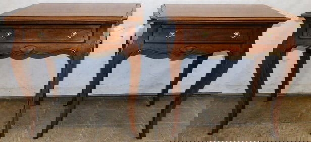 Pair of Walnut Inlaid One Drawer Night Stands by Davis Cabinet Company