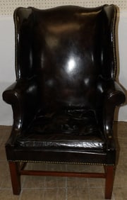 Brown Leather Upholstered Wing Back Chair by Hickory Chair Company