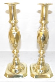 Pair of Antique Polished Brass Diamond Candlesticks