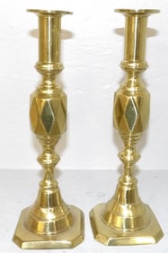 Pair of Antique Polished Brass Diamond Candlesticks