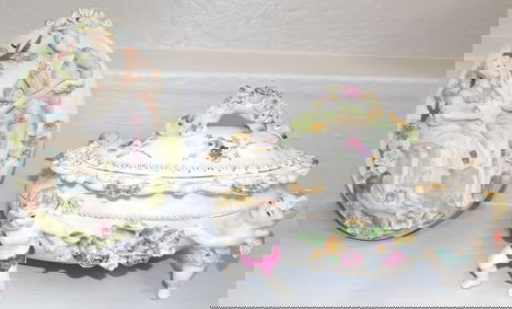 Dresden Style Porcelain Covered Dish with Cherubs & Painted Porcelain Plaque