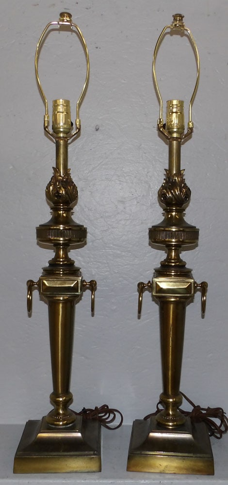 Pair of Gilded Metal Neoclassical Torchiere Lamps: Pair of Gilded Metal Neoclassical Torchiere Lamps. 32 1/4" H "ALL DESCRIPTIONS AND ANY CONDITION STATEMENT GIVEN BY LANGSTON AUCTION GALLERY ARE STRICTLY OPINIONS AND LANGSTON'S SHALL HAVE NO RESPONSI