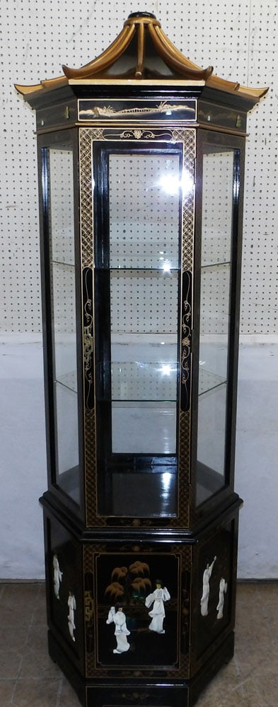 Three Part Pagoda Top Hexagonal Black Lacquered Lighted Cabinet: Three Part Pagoda Top Hexagonal Black Lacquered Lighted Cabinet . 23" Dia. 84" H "ALL DESCRIPTIONS AND ANY CONDITION STATEMENT GIVEN BY LANGSTON AUCTION GALLERY ARE STRICTLY OPINIONS AND LANGSTON'S SH