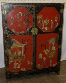 Oriental Lacquered & Paint Decorated Cabinet with Soapstone Accents