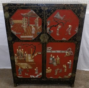 Oriental Lacquered & Paint Decorated Cabinet with Soapstone Accents