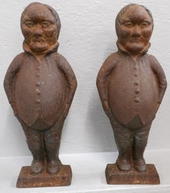 Pair of Antique Cast Iron Tweedledee & Tweedledum Form Andirons