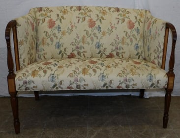 Mahogany & Satin Wood Inlay Upholstered Settee by Southwood, (Hickory, NC)