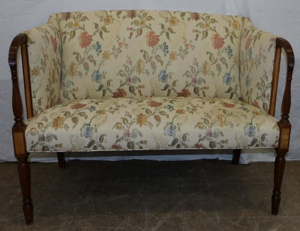 Mahogany & Satin Wood Inlay Upholstered Settee by Southwood, (Hickory, NC): Mahogany & Satin Wood Inlay Upholstered Settee by Southwood, (Hickory, NC). 42 1/4" W 22 1/2" D 32 3/4" H "ALL DESCRIPTIONS AND ANY CONDITION STATEMENT GIVEN BY LANGSTON AUCTION GALLERY ARE STRICTLY O