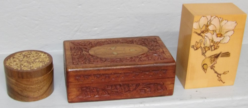 Carved Teakwood Brass Inlay Box, Burl Walnut & Gilded Box, & Chinese Bird Motif Box with Character (1 of 6)