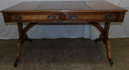 Burl Mahogany & Yew Wood Banded Leather Top Two Drawer Desk