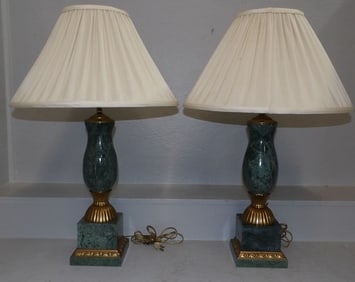 Pair of Green Marble & Brass Lamps