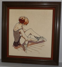Mid Century Modern Crewel Work of a Ballerina in Velvet Border & Wood Frame Artist Signed
