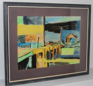 Mid Century Modern Abstract Farm Scene Watercolor Artist Signed Roger Easton