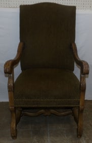 Carved Walnut & Upholstered Library Chair
