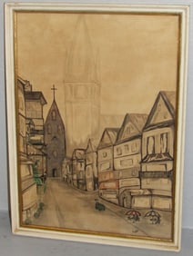 Mid Century Venice Town Scene Watercolor Artist Signed Glock 1962